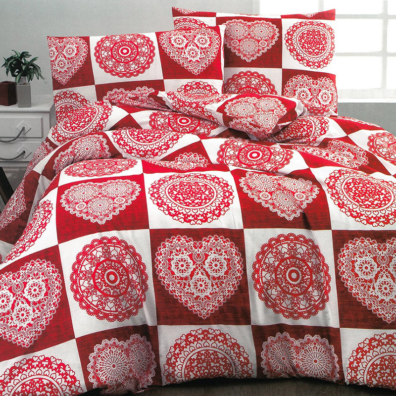 Bavlnené obliečky DELUXE HOME RED HEART 140x200cm zips - 140 x 200 cm - 1x vankúš 1x prikrývka